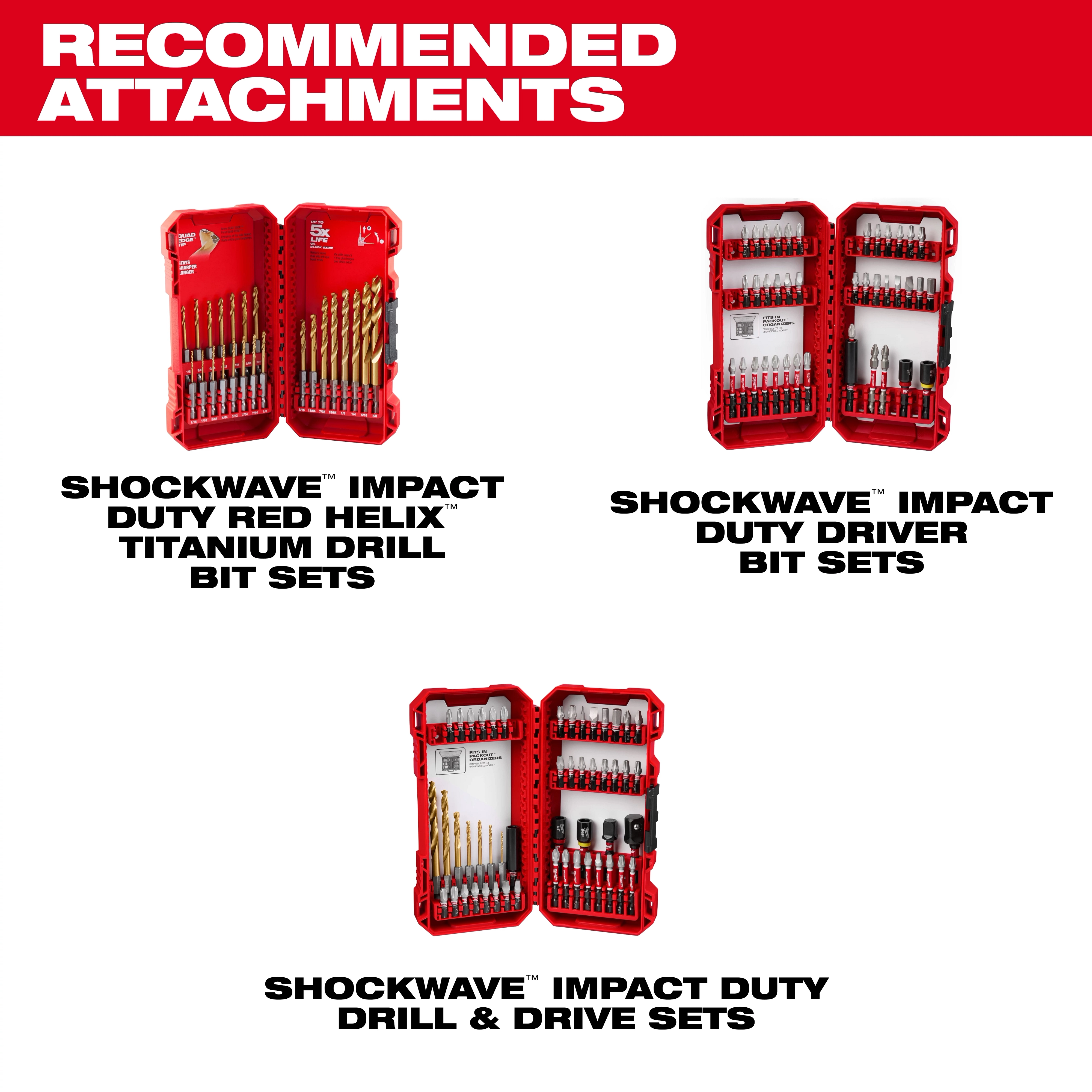 Recommended attachments for M12 Subcompact Brushless Drills include Shockwave Impact Duty Red Helix Titanium Drill Bit Sets and Driver Bit Sets.