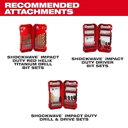 Recommended attachments for M12 Subcompact Brushless Drills include Shockwave Impact Duty Red Helix Titanium Drill Bit Sets and Driver Bit Sets.