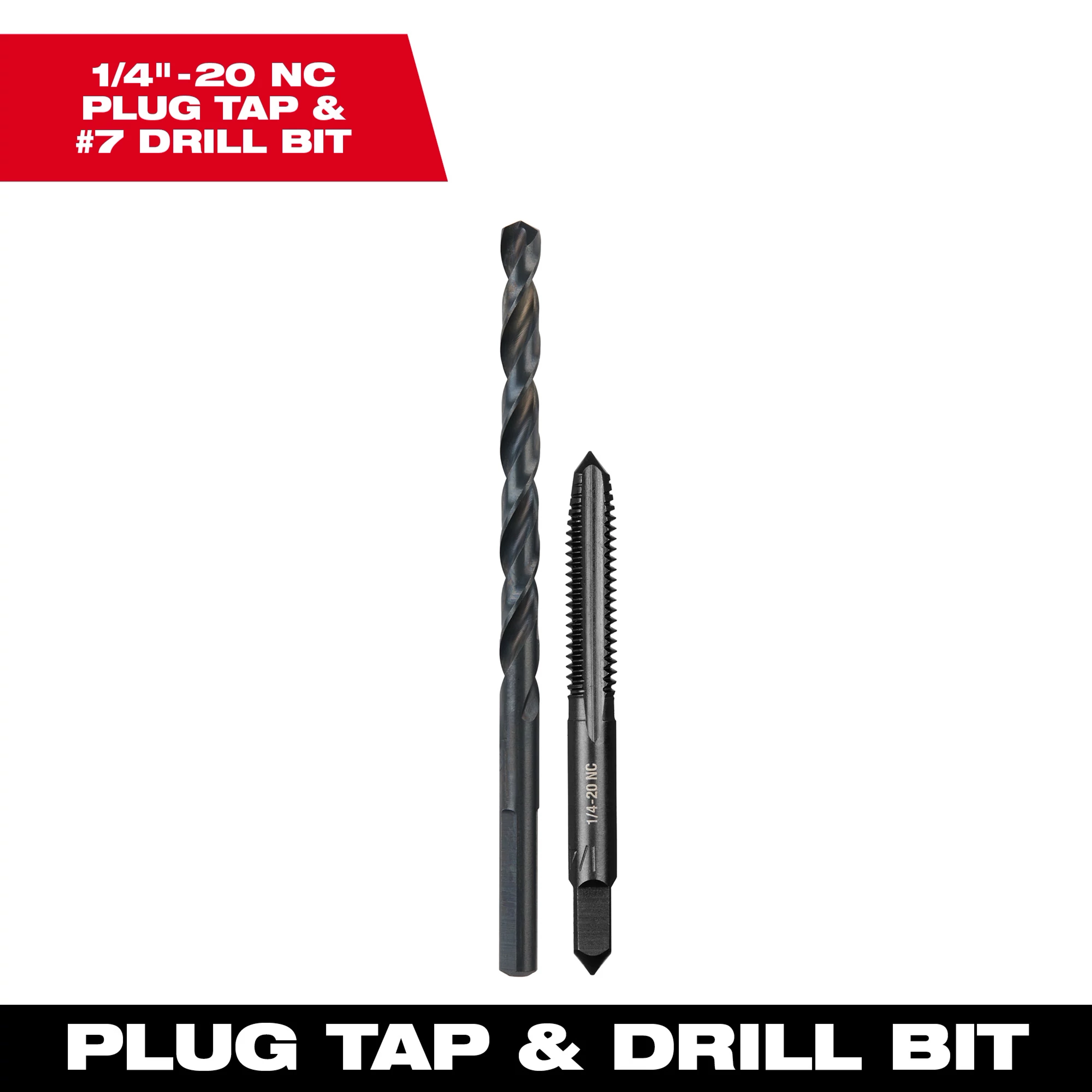 1/4"-20 NC Straight Flute Plug Tap and #7 Drill Bit shown side by side on a white background with text labels.