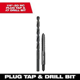 1/4"-20 NC Straight Flute Plug Tap and #7 Drill Bit shown side by side on a white background with text labels.