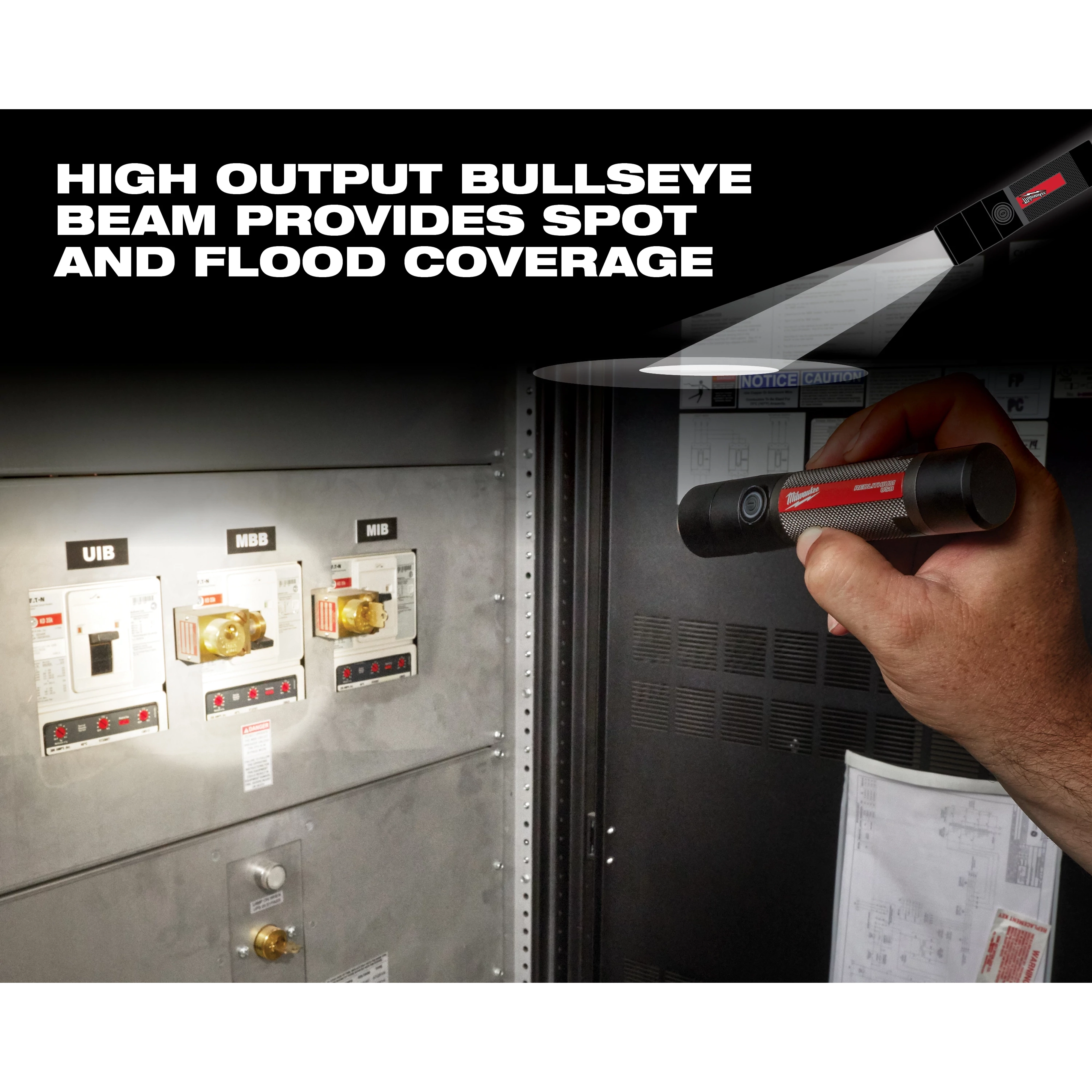 USB Rechargeable 800L Compact Flashlight in use, illuminating an electrical panel with a high output bullseye beam for spot and flood coverage.