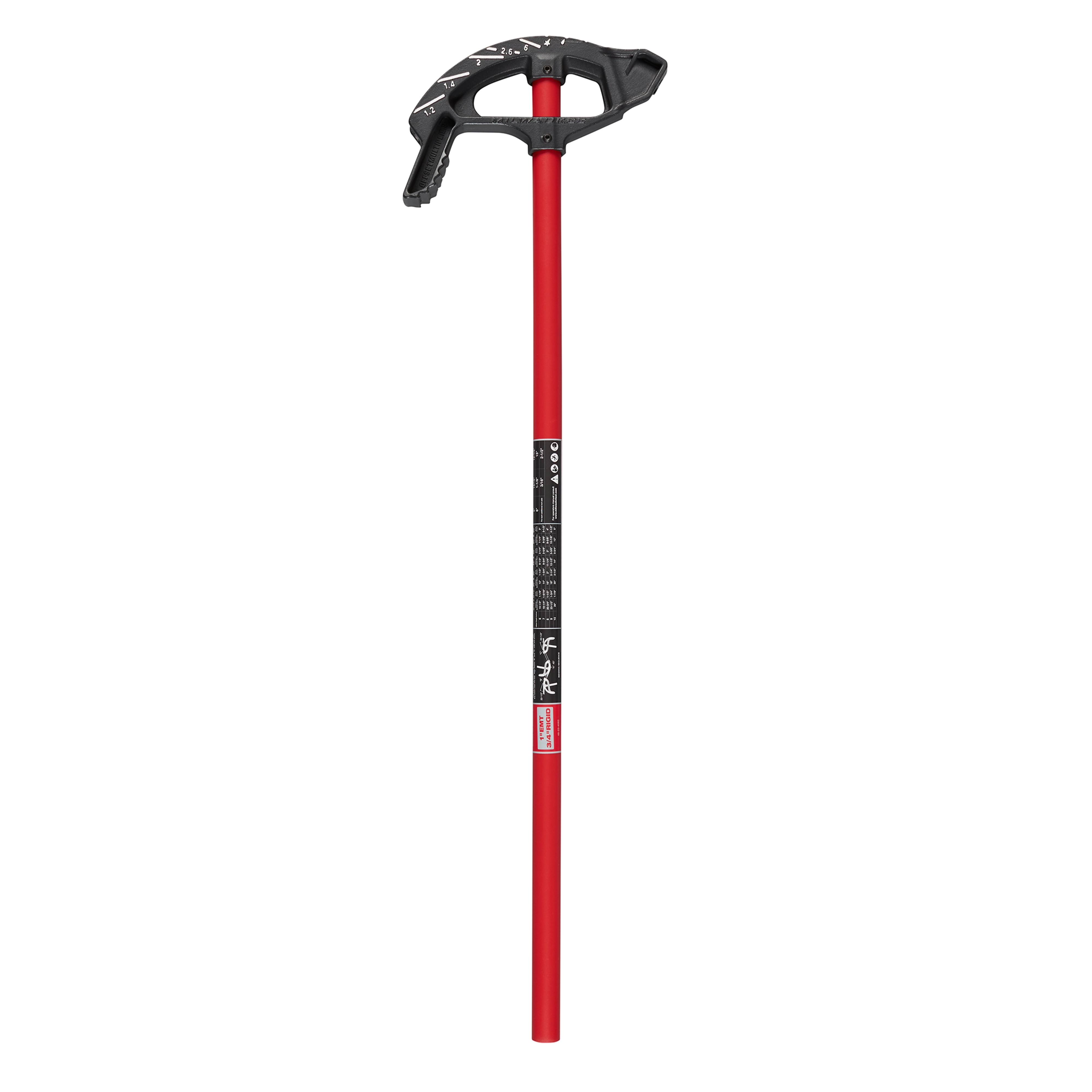 1" EMT Iron Conduit Bender with a red handle and black head, designed for bending electrical metallic tubing accurately.