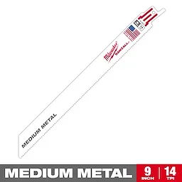 Milwaukee 9-inch Sawzall blade designed for cutting medium metal. It features 14 teeth per inch and USA flag branding. The blade is white with red and black text.