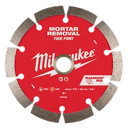 Image of a 5" DIAMOND MAX™ Tuck Point Diamond Blade for mortar removal by Milwaukee. The blade is red with silver segments and includes text indicating it can be used wet or dry. It has an arbor size of 7/8", 20 mm, or 5/8".