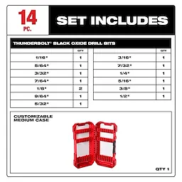 THUNDERBOLT® Black Oxide Drill Bit Set – 14PC includes 14 drill bits of various sizes ranging from 1/16" to 1/2". The set also comes with a customizable medium case to organize and store the bits.