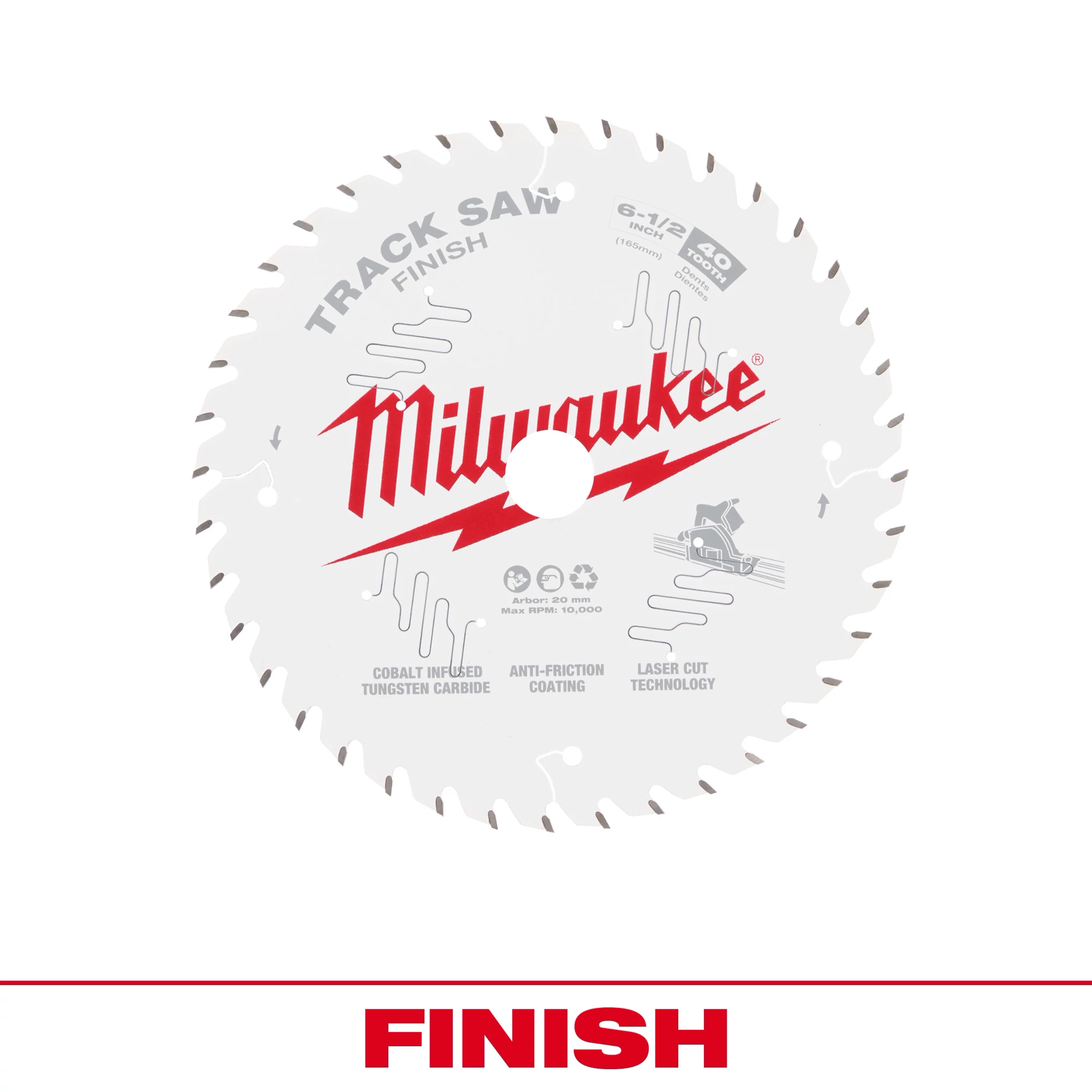 Milwaukee 48-40-0625 Finish Track Saw Blade with red logo, 6-1/2 inch, 40 teeth, featuring tungsten carbide, anti-friction coating, laser cut.