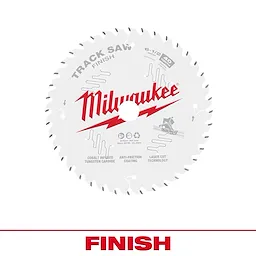 Milwaukee 48-40-0625 Finish Track Saw Blade with red logo, 6-1/2 inch, 40 teeth, featuring tungsten carbide, anti-friction coating, laser cut.