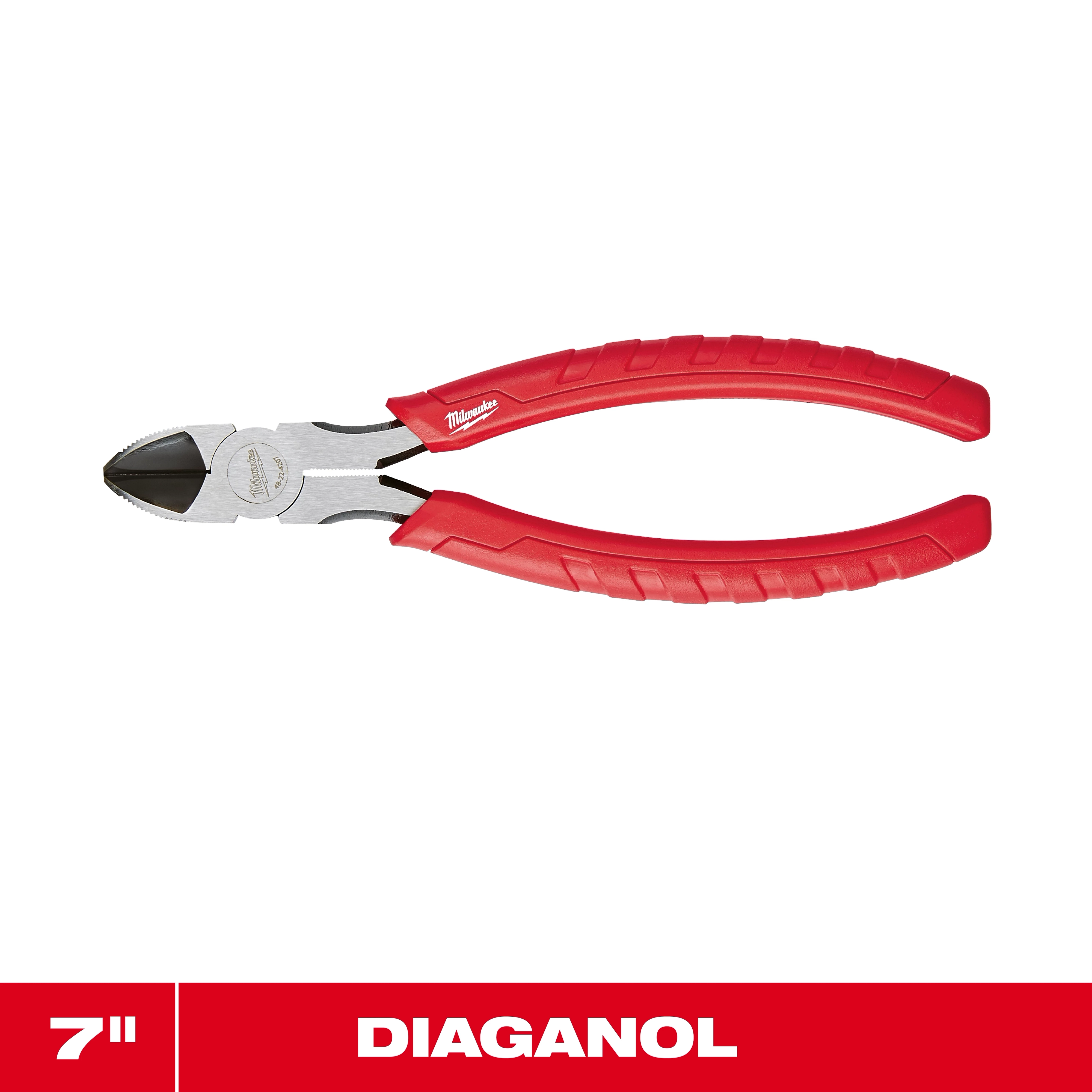 7" Diagonal Cutting Pliers with red handles centered on a white background above a red label strip.