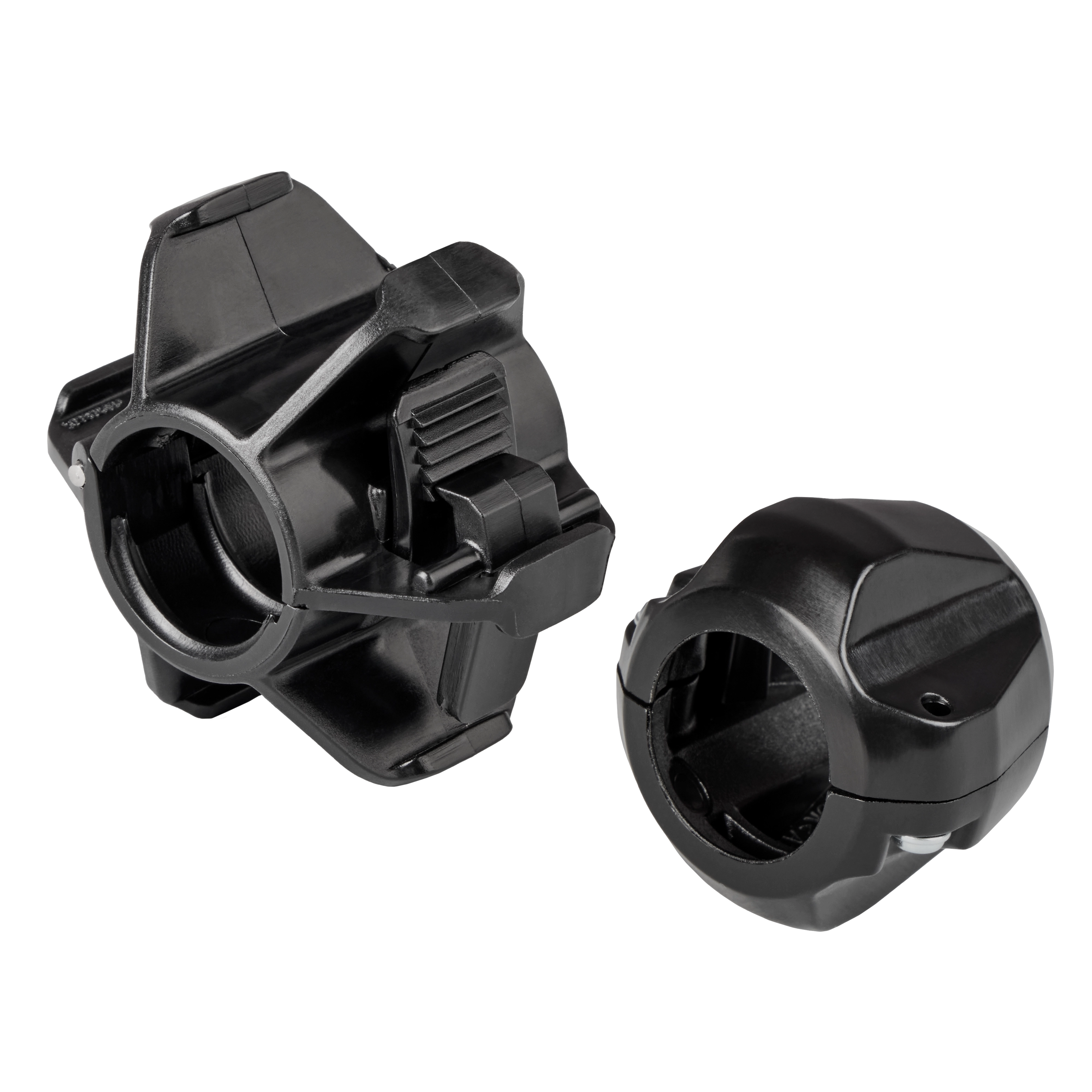 Two black Barrel Skids are shown for the M12™ 65’ Ultra Flex Compact Inspection Camera. One is more open and intricate, while the other is more compact and rounded. Both are designed to fit onto the inspection camera for protection and smooth movement.