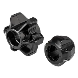 Two black Barrel Skids are shown for the M12™ 65’ Ultra Flex Compact Inspection Camera. One is more open and intricate, while the other is more compact and rounded. Both are designed to fit onto the inspection camera for protection and smooth movement.
