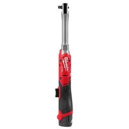 The M12 FUEL 3/8" Extended Reach Ratchet is depicted. This cordless ratchet has an extended reach design and includes a trigger switch on the handle for easy operation. The head is positioned at a 90-degree angle for accessing tight spaces.