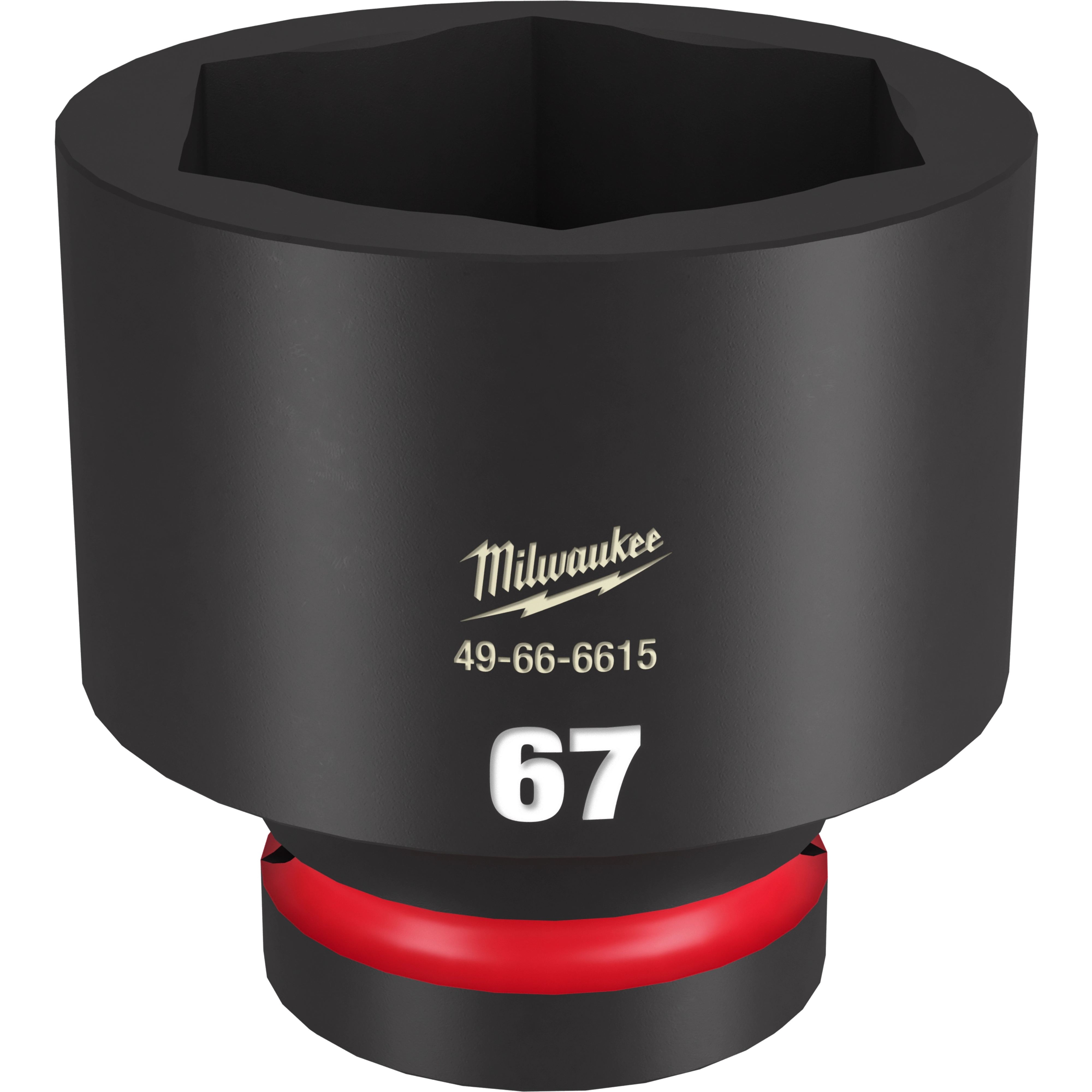 The image shows a Milwaukee 1" DR 67MM STD Impact Socket. The socket is black with a red ring at the base, and its size "67" is prominently displayed below the brand and model number, 49-66-6615.