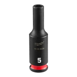 Milwaukee SHOCKWAVE Impact Duty 1/4" Drive 5MM Deep Impact Socket, black with red ring, labeled "5" and "49-66-6038."