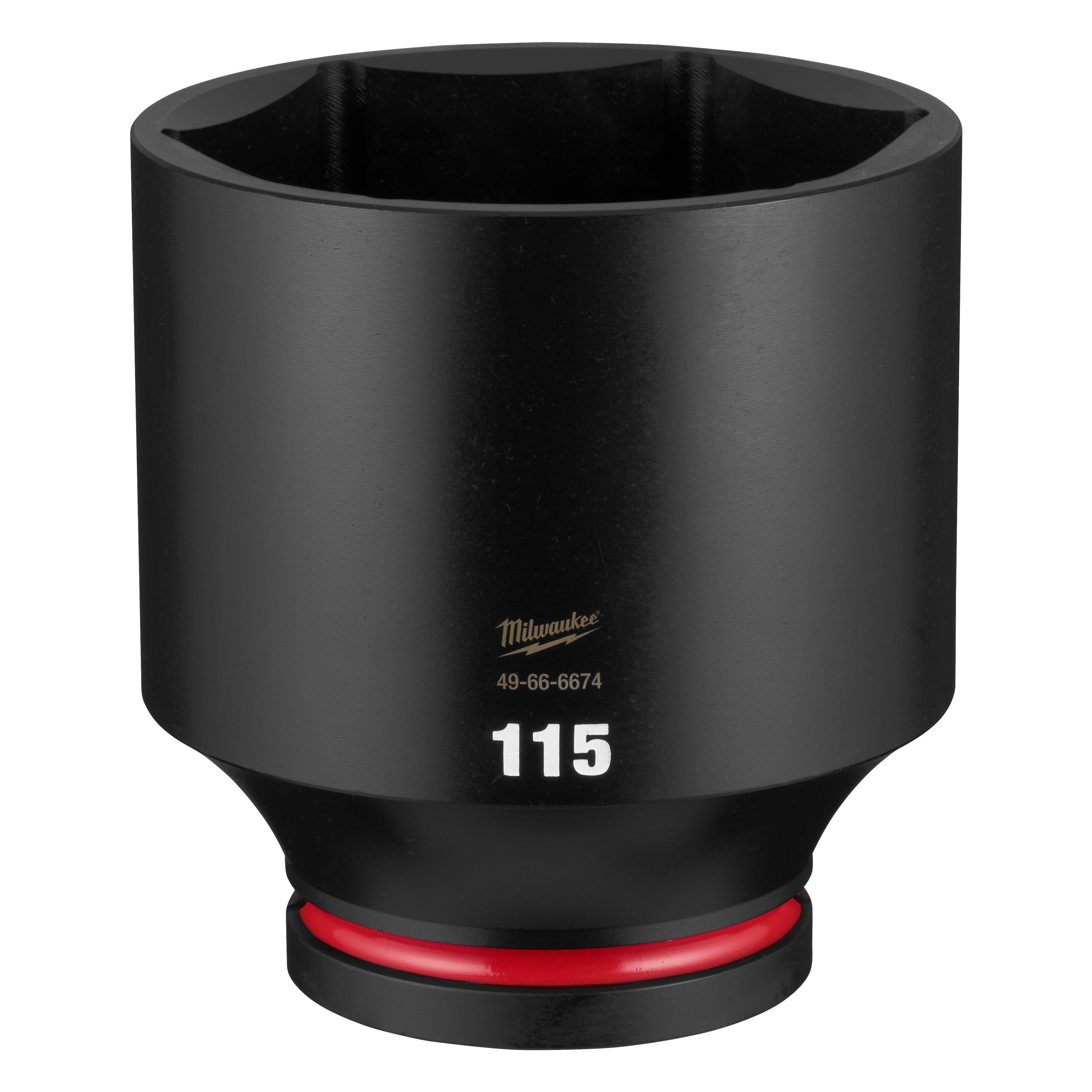 Black SHOCKWAVE Impact Duty 1" Drive 115mm Deep 6 Point Socket standing upright on a plain background.