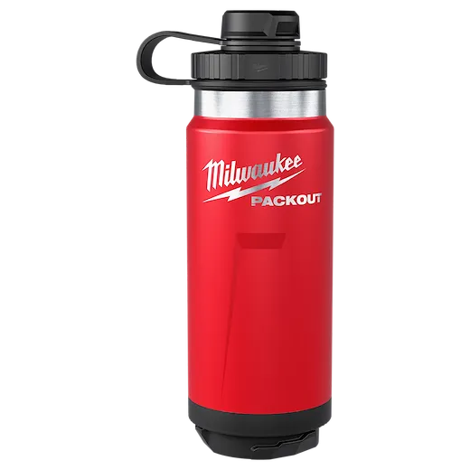 PACKOUT 24oz Insulated Bottle with Tether Lid standing upright with a screw-on lid and carry loop.