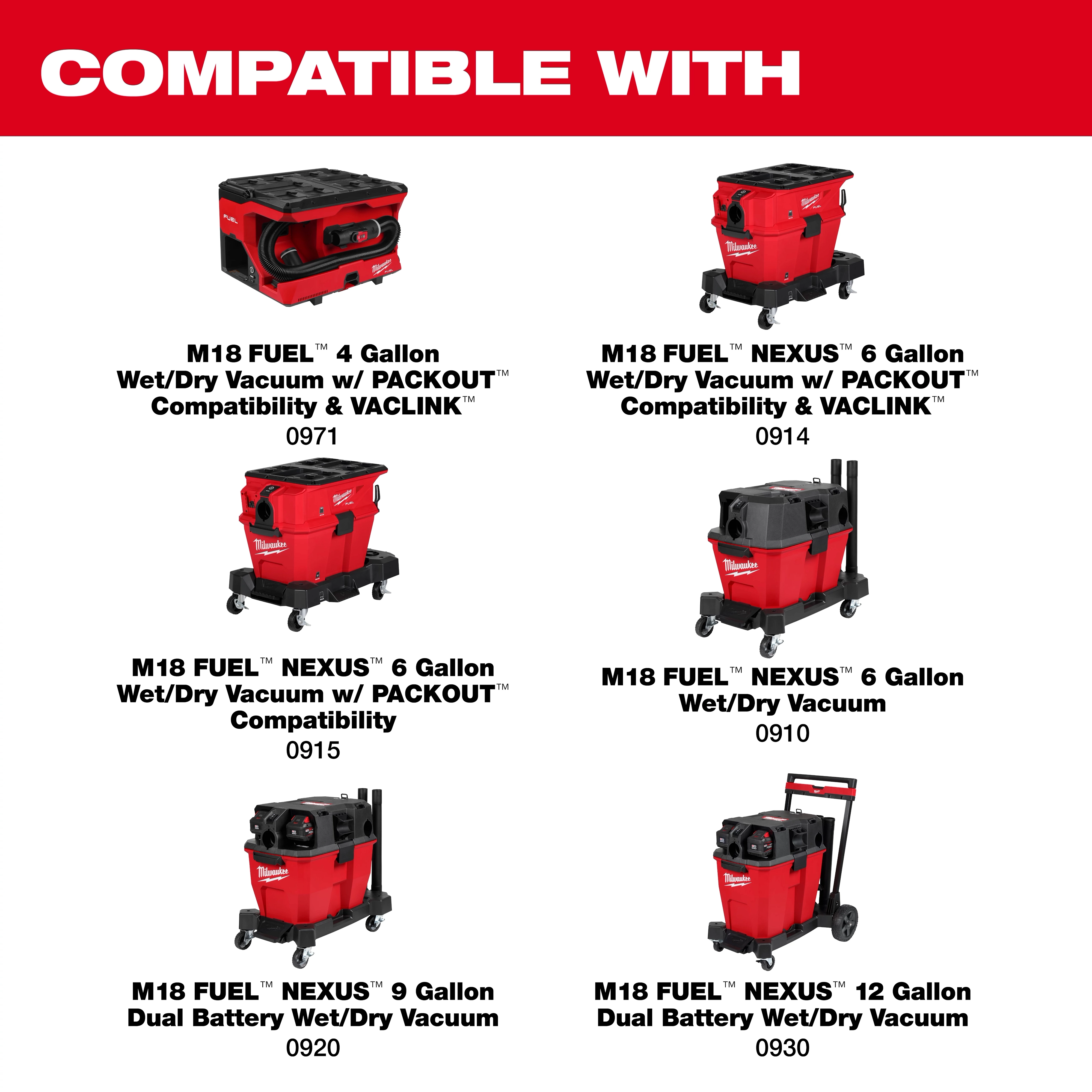 1-7/8" x 9' Expandable Hose shown with six compatible red wet/dry vacuum models on a white background.