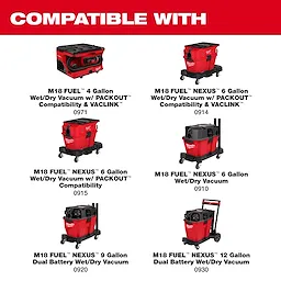 1-7/8" x 9' Expandable Hose shown with six compatible red wet/dry vacuum models on a white background.