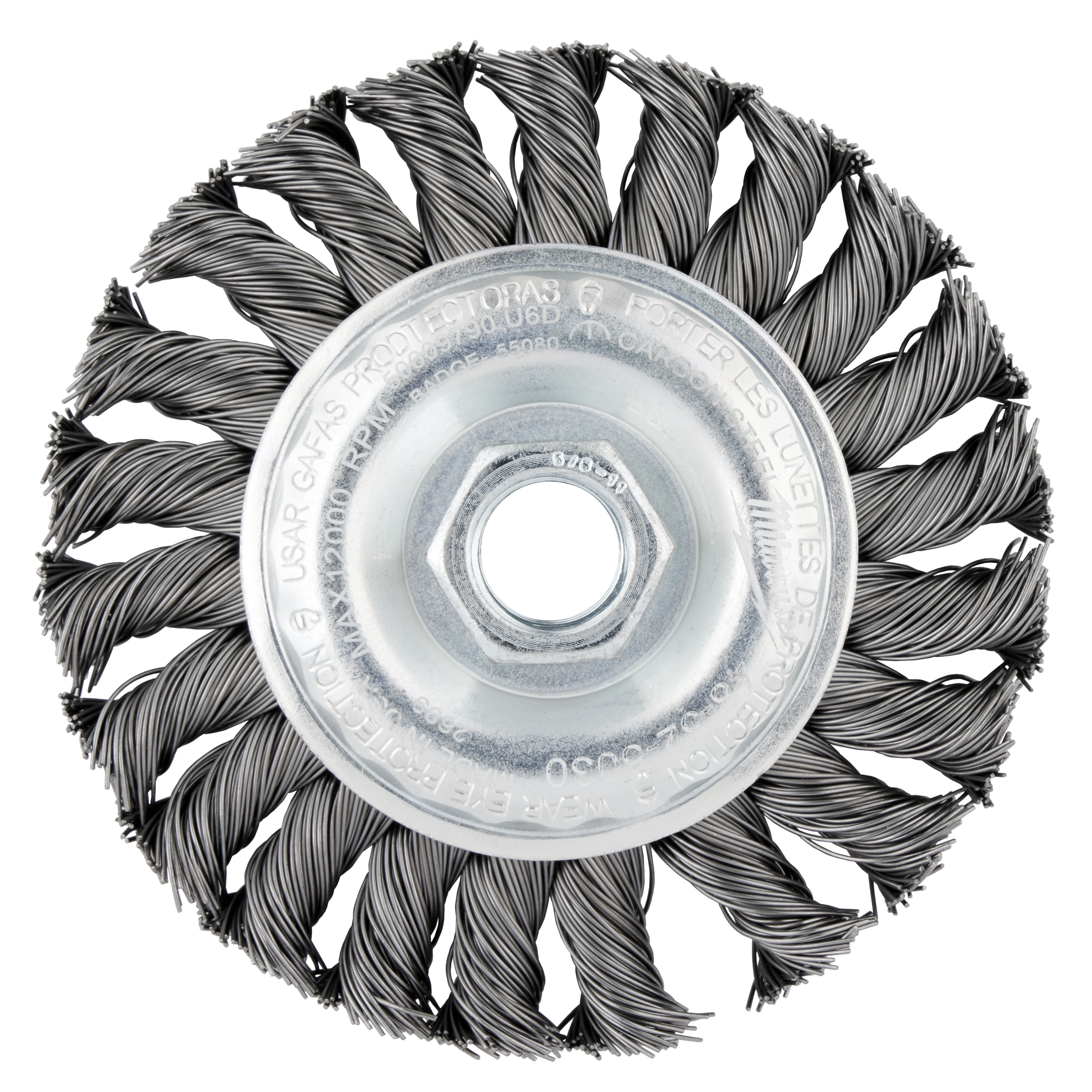 The Full Cable Twist Knot Wheel is a 4-inch bevel knot brush made with stainless steel.