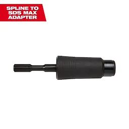 Spline to SDS Max Adapter seen against a white background. The adapter is primarily black with a ribbed section for grip, transitioning from a splined end to an SDS Max compatible end. Text in the image's top-left corner labels the product name in bold white and red colors.