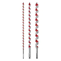 Ship Auger Wood Drilling Bit Set (3-Piece) includes three auger drill bits with red and silver helical shafts. The set features varying diameters for different drilling needs, designed to efficiently bore into wood. The bits have pointed tips for precision and are suitable for heavy-duty woodworking tasks.