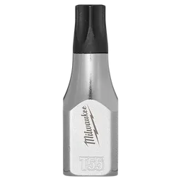 A Milwaukee 3/8" Drive T55 Tamper Proof TORX Bit Socket made of chrome and steel. The tool is designed with a T55 tamper-proof Torx bit at the top and features the Milwaukee logo with its signature lightning bolt.