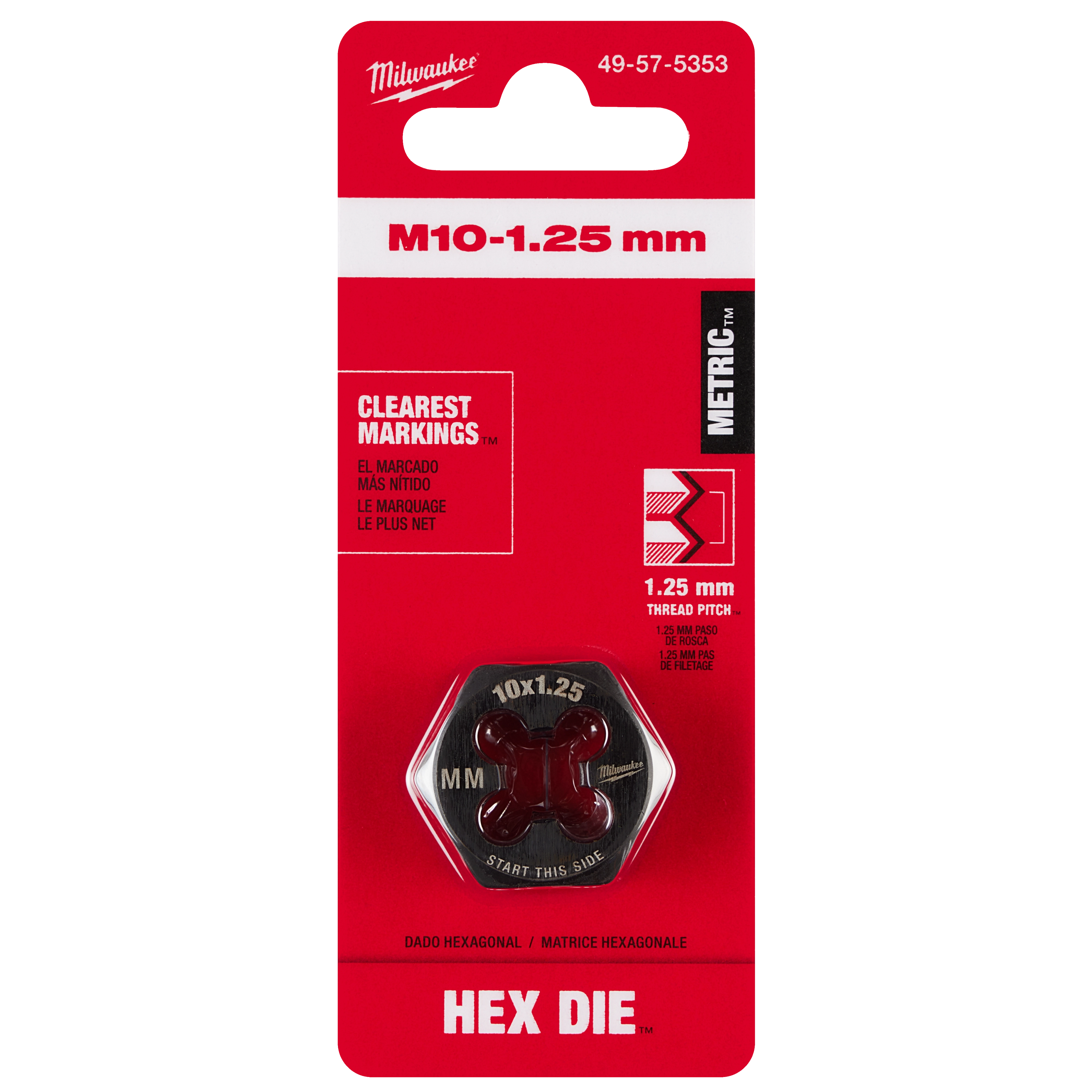 The M10-1.25 mm 1-Inch Hex Threading Die is packaged on a red and white card, highlighting its clear markings and metric pitch.