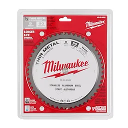 Milwaukee 8” Thin Metal Cutting Circular Saw Blade with 50 teeth, designed for stainless steel, aluminum, and strut.