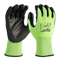 Hi Vis Cut Gloves in green and black, featuring a textured black palm and fingertips, with branding and size details on the back.