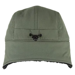 Sherpa-Lined Hat in olive green featuring a front adjustable toggle for a secure fit and fleece lining for added warmth.