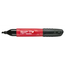 The Inkzall Jobsite Medium Chisel Black Marker features a red plastic body with a chisel tip for precise marking. The pen includes a black cap and rubber grip for comfort and durability. Branding and product details are displayed on the body in white text.