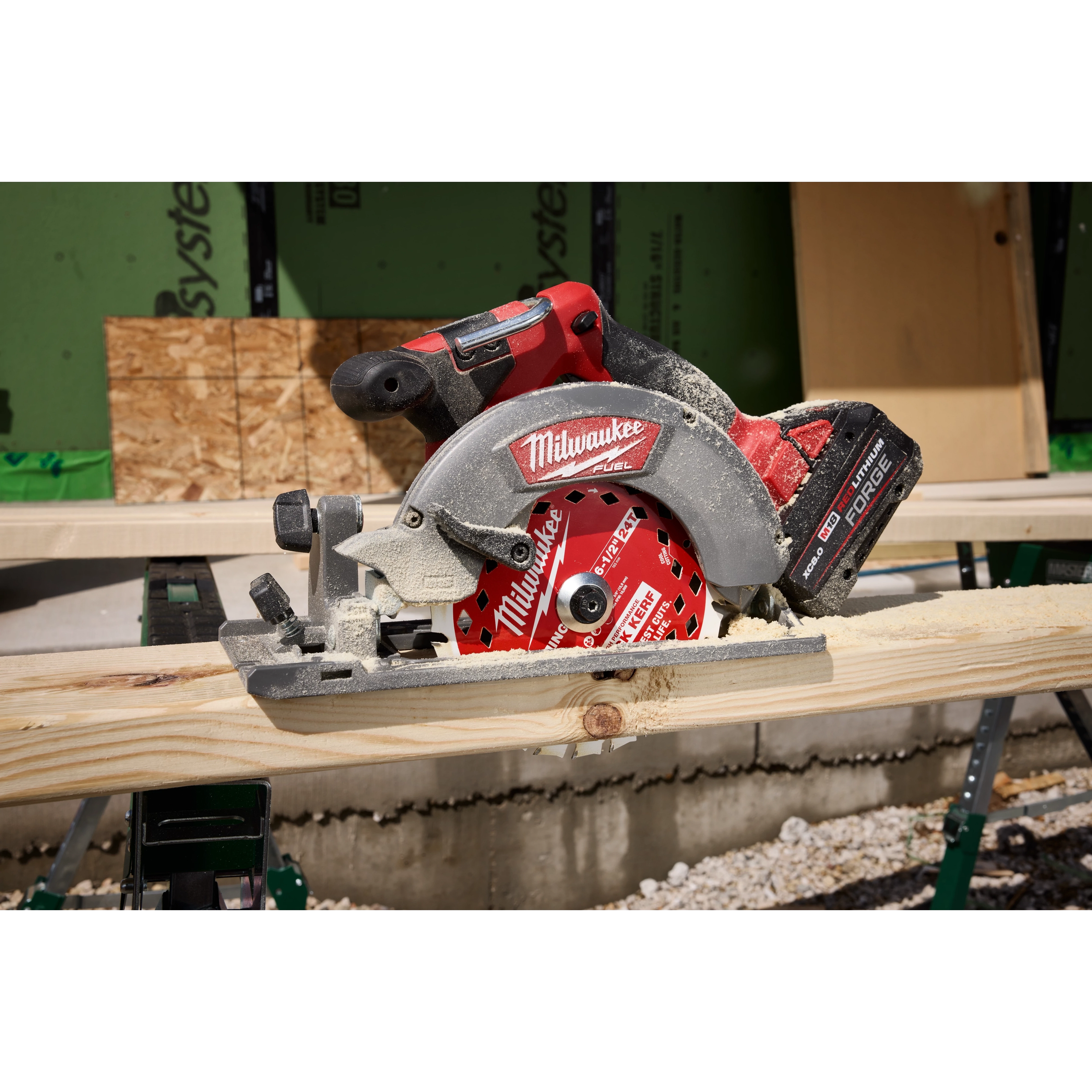 6-1/2” 24T Thick Kerf Framing Circular Saw Blade mounted on a cordless circular saw cutting lumber