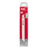 Milwaukee Sawzall® Blade, 50 pack, 8 inches and 8/12 TPI. The image shows a long, white saw blade with red branding, packaged in a transparent plastic casing with red backing, indicating "3X Life" and suitable for multi-material cutting. A small picture of the blade tip is on the package.