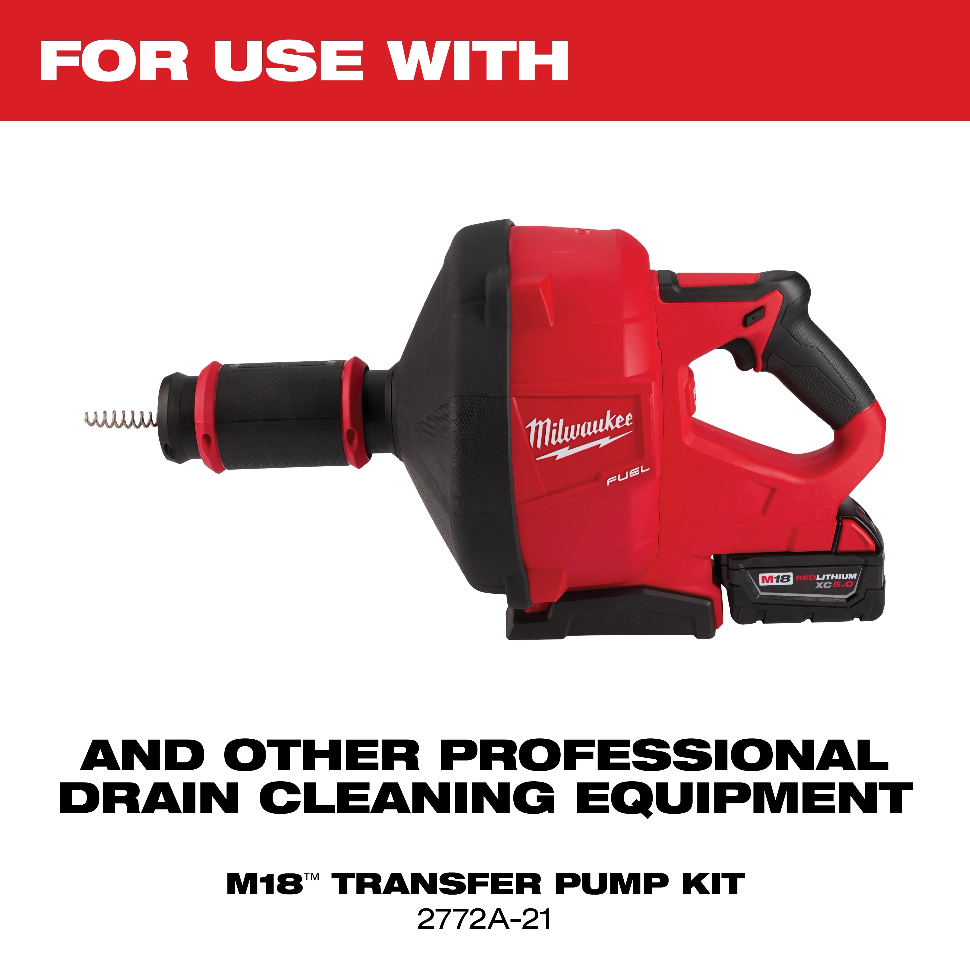 Milwaukee M18 Transfer Pump Kit is a red and black handheld device used for professional drain cleaning. It features a battery, handle, and a front attachment for hoses. Model number is 2772A-21.