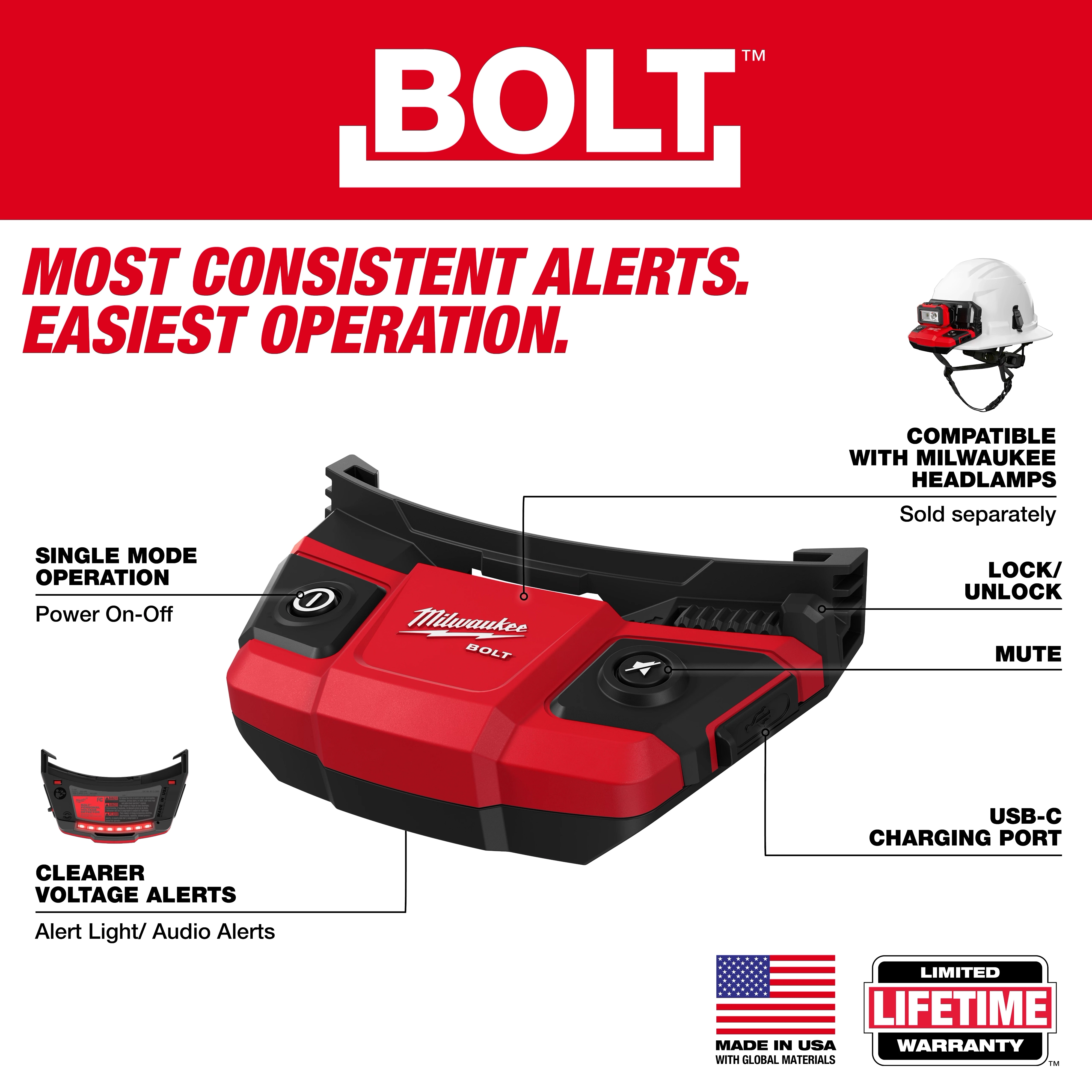 BOLT Personal Voltage Detector device with labeled buttons and features on a white and red background.