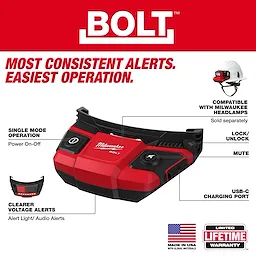 BOLT Personal Voltage Detector device with labeled buttons and features on a white and red background.