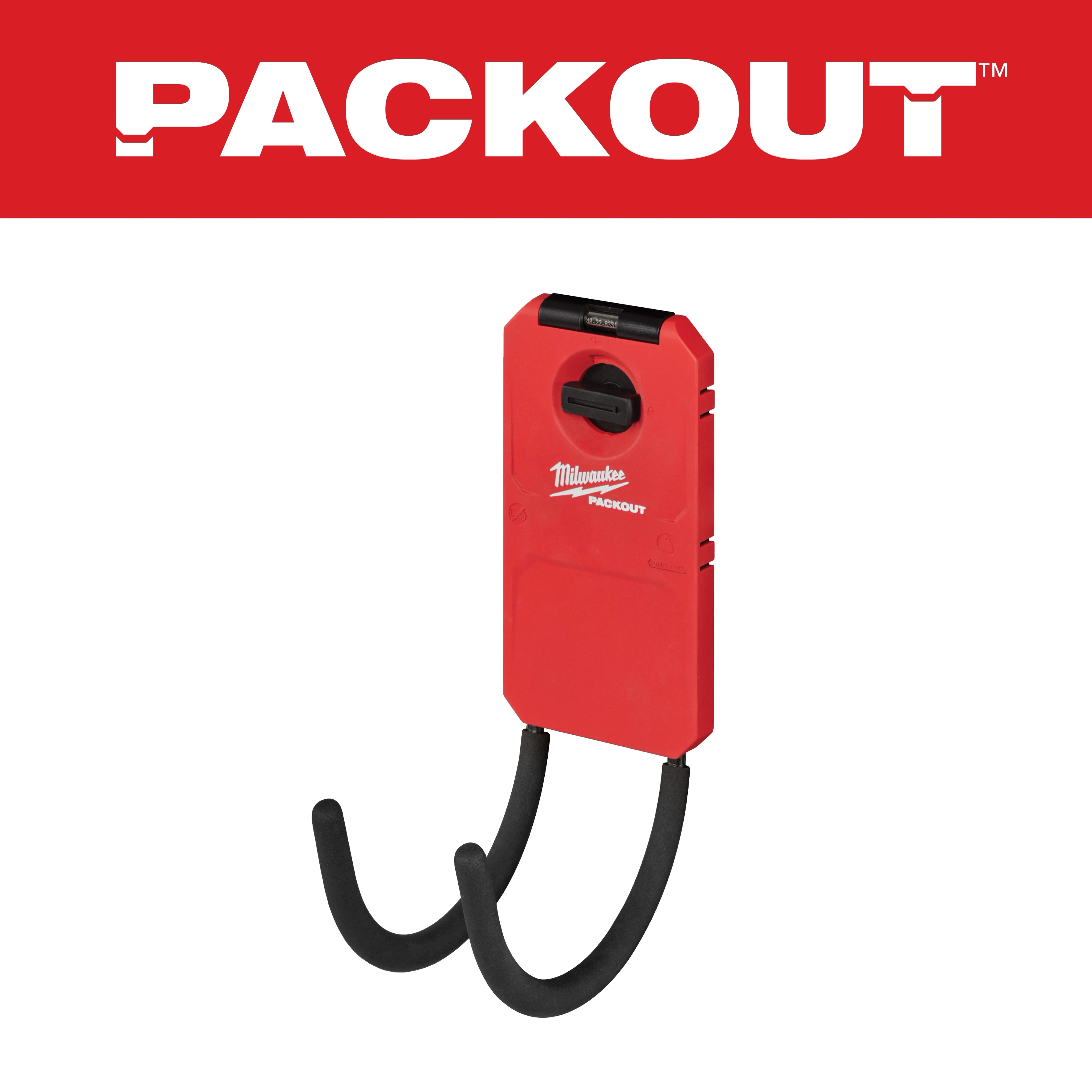 Red PACKOUT 6” Curved Hook with black padding and wall mount, used for organizing tools, displayed against a white background.