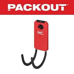 Red PACKOUT 6” Curved Hook with black padding and wall mount, used for organizing tools, displayed against a white background.