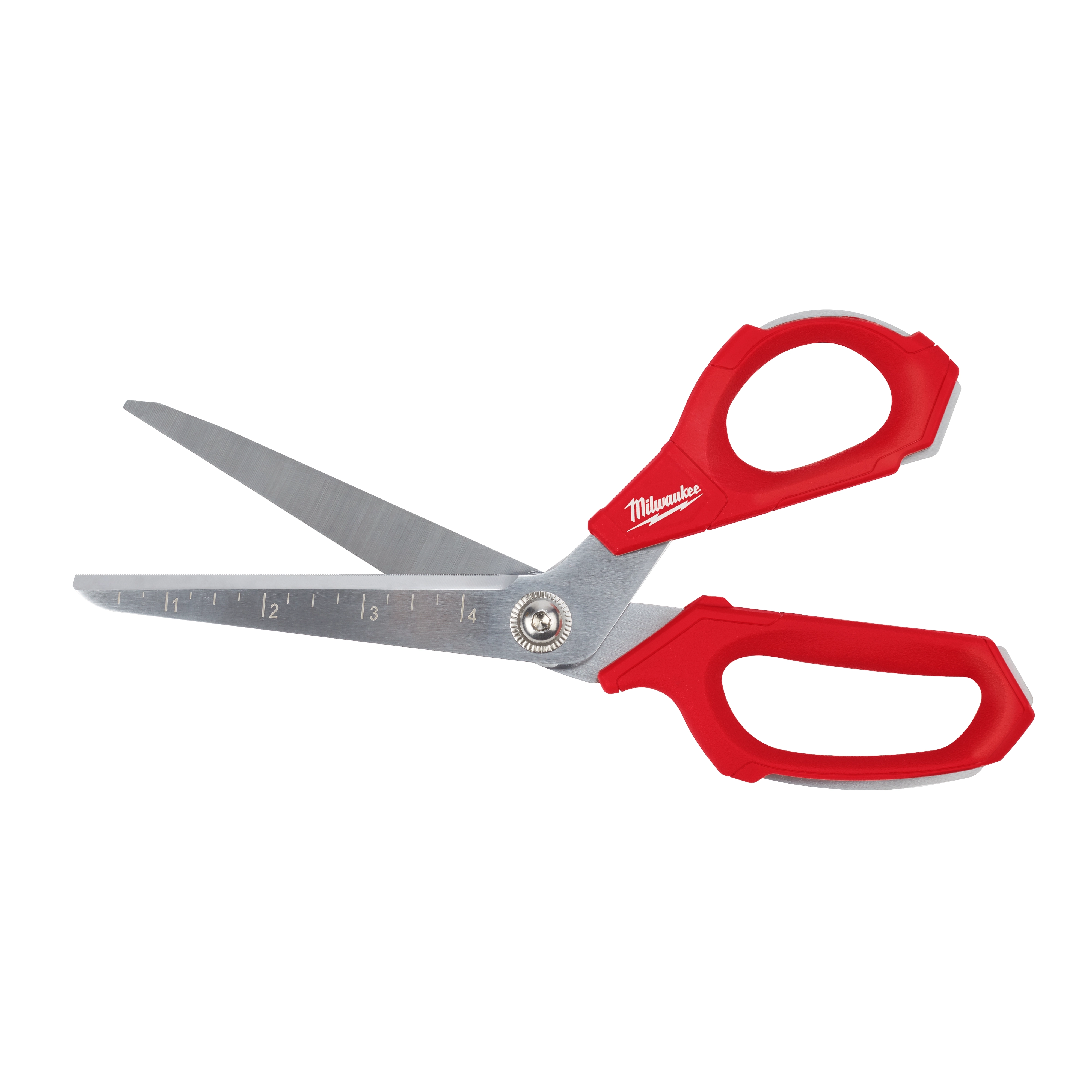 Offset Jobsite Scissors with red handles and stainless steel blades featuring built-in ruler markings. The blades are partially open, and the product has a pivot screw connecting the handles to the blades.