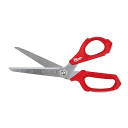 Offset Jobsite Scissors with red handles and stainless steel blades featuring built-in ruler markings. The blades are partially open, and the product has a pivot screw connecting the handles to the blades.