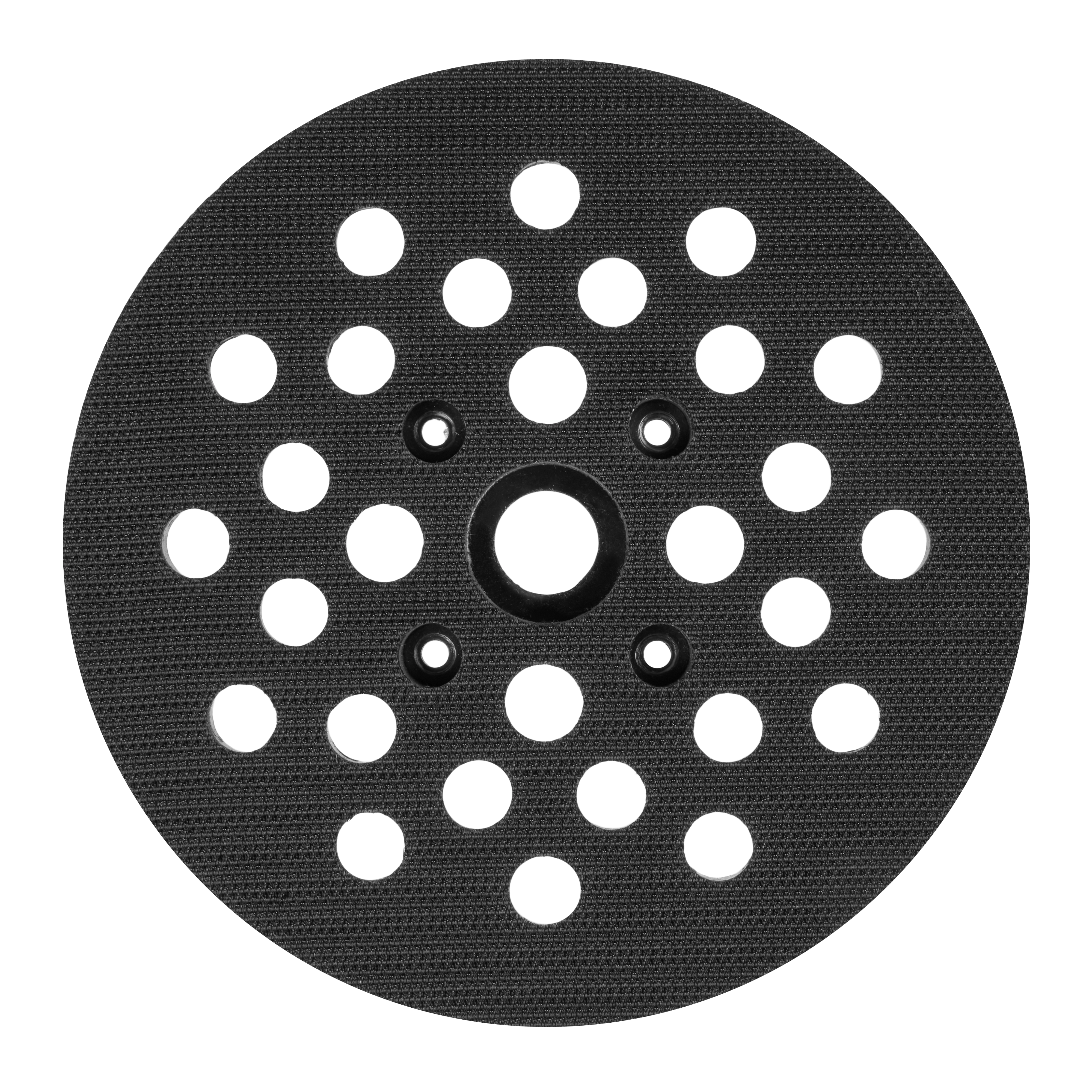 Black 6" Backing Plate with multiple ventilation holes. Circular design with a central opening and three screws surrounding it for attachment. Velvet-like texture covers the surface.
