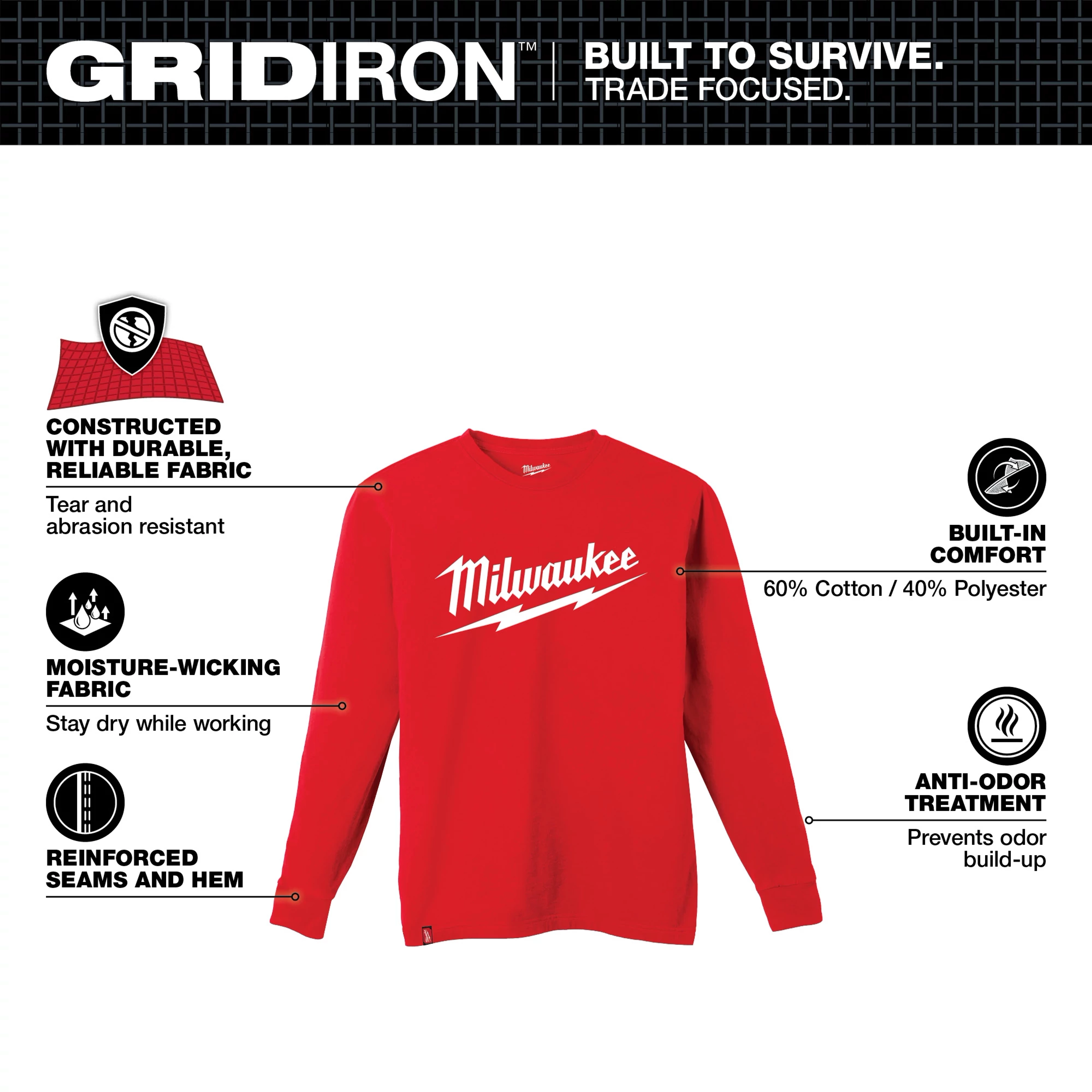 Heavy Duty Tee - Long Sleeve Logo Walkaround featuring tear-resistant, moisture-wicking fabric, reinforced seams, anti-odor treatment, and a cotton-polyester blend for comfort.
