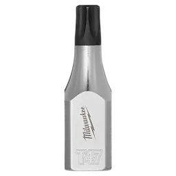 The image shows a 3/8" Drive T47 Tamper-Proof TORX Bit Socket. The bit socket is silver with a black tip and has the Milwaukee brand name and logo engraved on the side along with the T47 size marking.