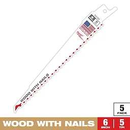 Milwaukee wood with nails reciprocating saw blade with a 6-inch length and 5 teeth per inch. The white blade has red and gray lettering, an American flag graphic, and comes in a 5 pack. Made in the USA, suitable for cutting through wood containing nails.