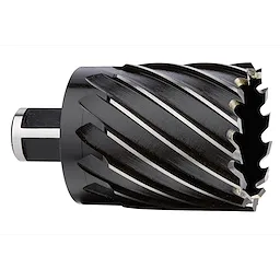 The image shows a 1" Annular Cutter with sharp, spiral flutes and a cylindrical shank designed for cutting precise holes in metal.