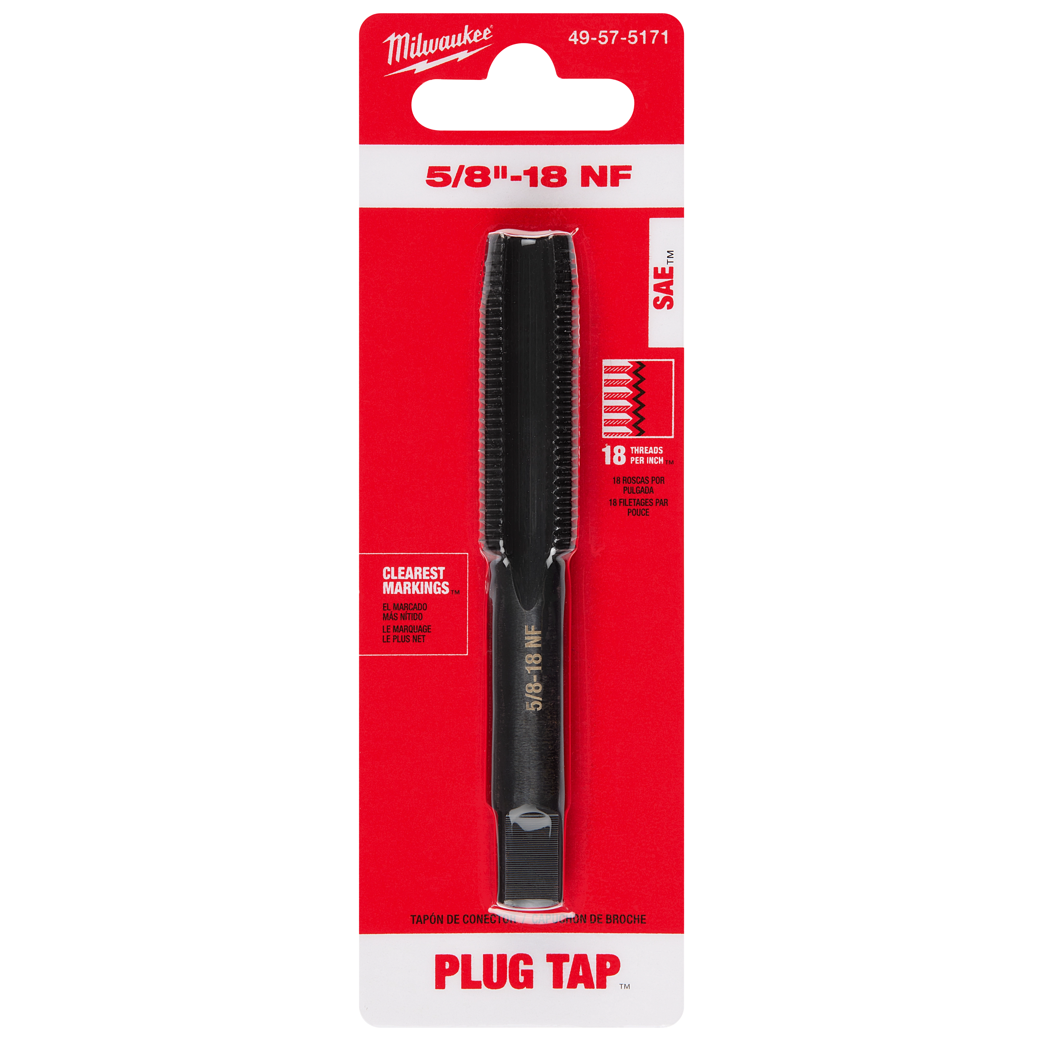 Milwaukee 5/8"-18 NF Straight Flute Plug Tap in black shown on a red and white product packaging card.