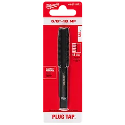 Milwaukee 5/8"-18 NF Straight Flute Plug Tap in black shown on a red and white product packaging card.