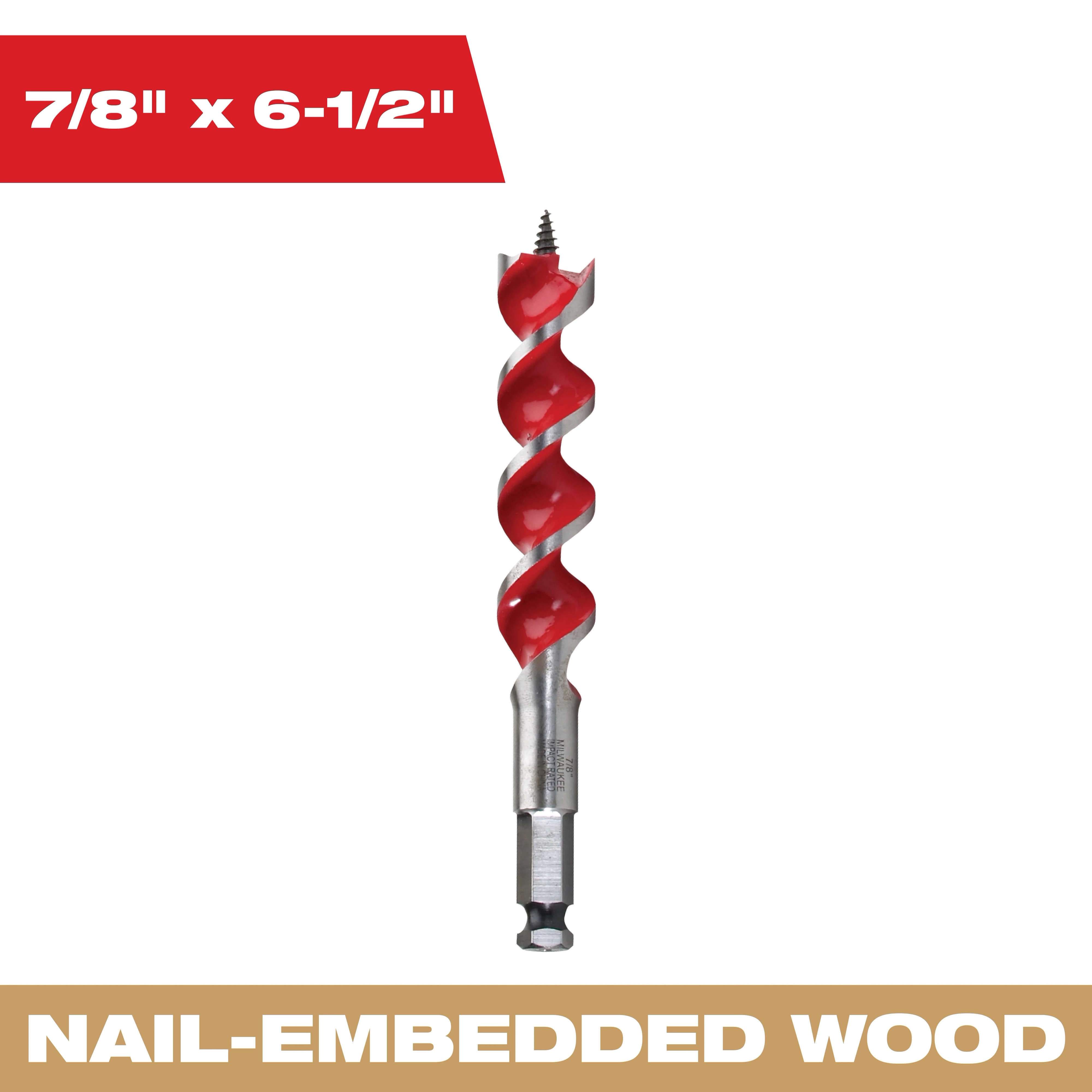 7/8" x 6-1/2" auger bit for nail-embedded wood. The bit has a pointed tip and a spiral, red-painted cutting edge designed to drill through tough materials. The packaging highlights its dimensions and intended use for woodworking projects.