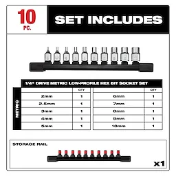 10pc 1/4” Drive Low-Profile Hex Bit Socket Set - Metric includes sizes 2mm to 10mm with a storage rail.