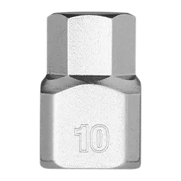 The 1/4" Drive 10mm Low-Profile Hex Bit Socket is a compact, chrome-finished tool designed for tight spaces. It features a hexagonal bit and has "10" engraved on the side to indicate its size.