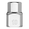 The 1/4" Drive 10mm Low-Profile Hex Bit Socket is a compact, chrome-finished tool designed for tight spaces. It features a hexagonal bit and has "10" engraved on the side to indicate its size.